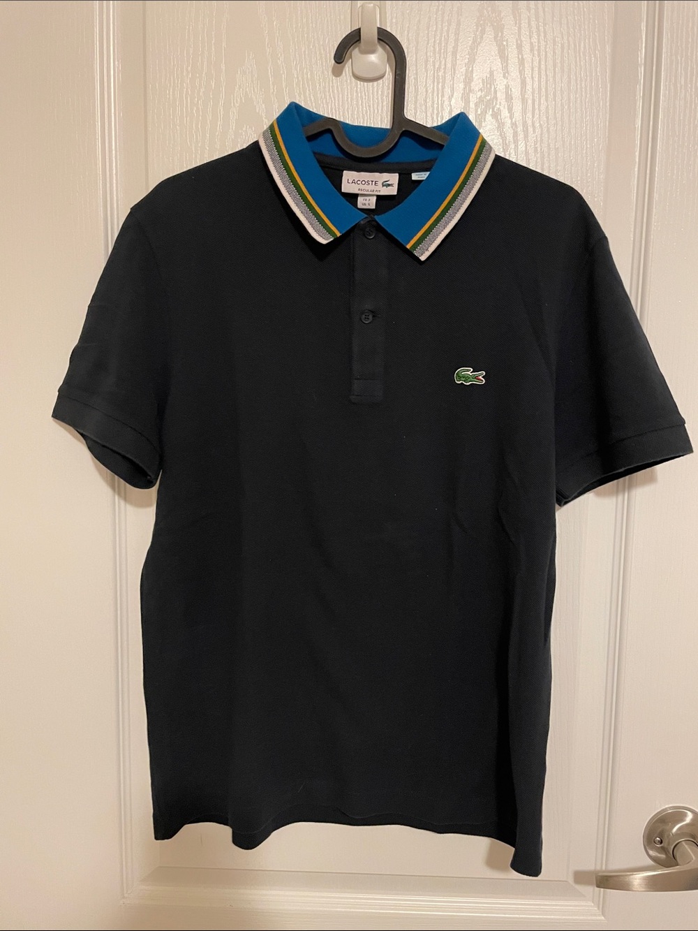 LACOSTE Black Polo with Blue and Green Trim Collar 100% Cotton | S